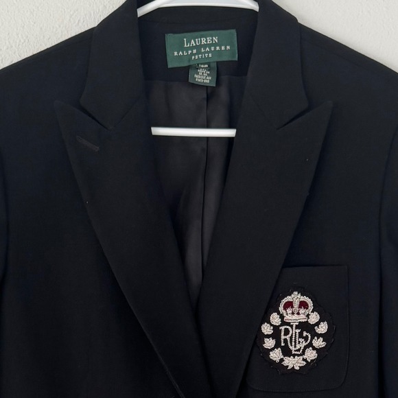 Lauren Ralph Lauren Women's 10p Black Wool Blazer Crest Double Breasted - Picture 1 of 9